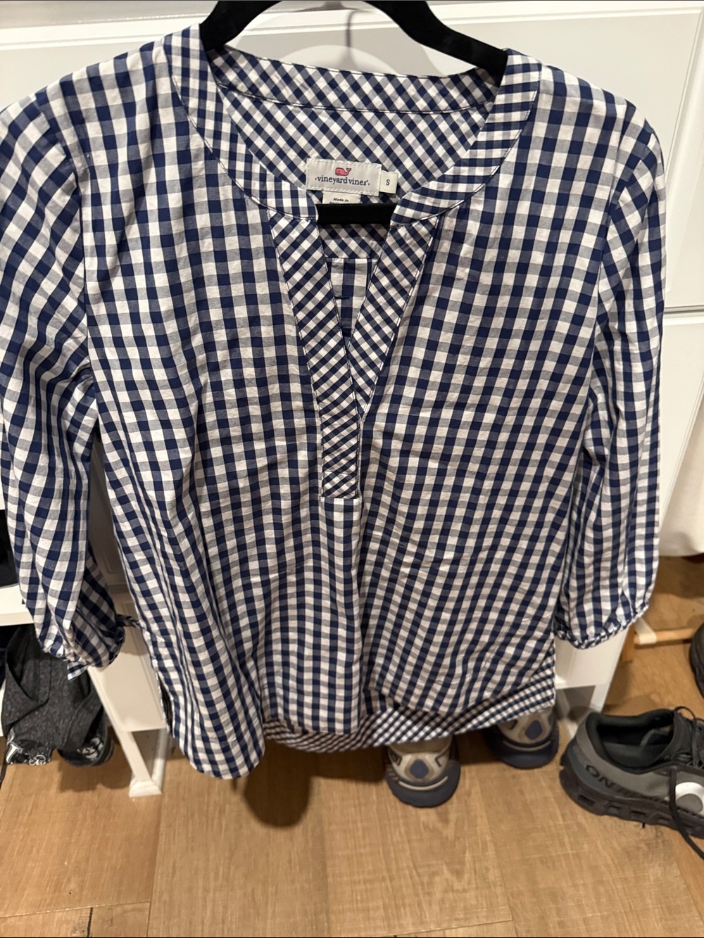 Vineyard Vines Navy & White Gingham Split V Tunic